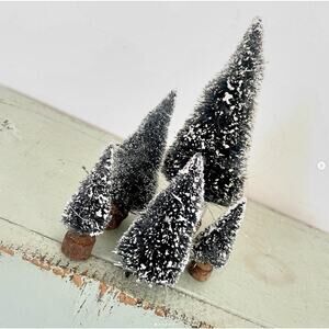 Vintage Christmas Tree Bottlebrush Blue Green Flocked Wood Base LOT of 5